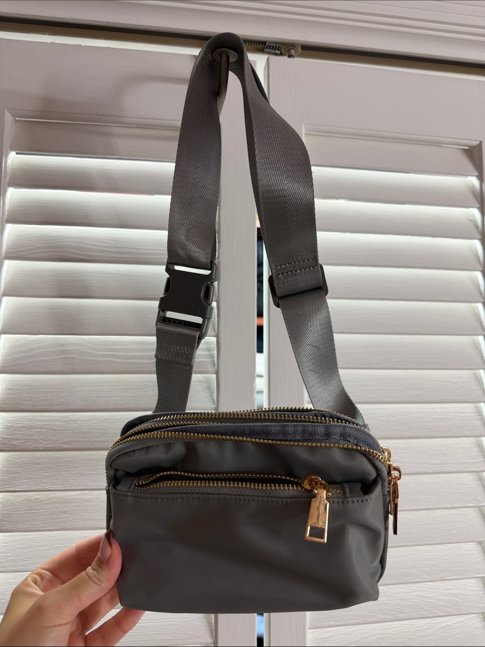 Women’s Grey Crossbody Sling Bag with Gold Zippers